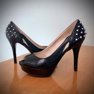 Marc Fisher Studded Leather Black Platform Peeptoe Pumps 6.5M